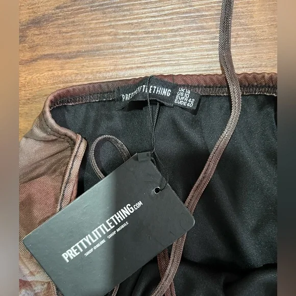 SHAPE BROWN FLORAL PRINT SHAPE MESH COWL RUCHED MiDI DRESS - Picture 4 of 5